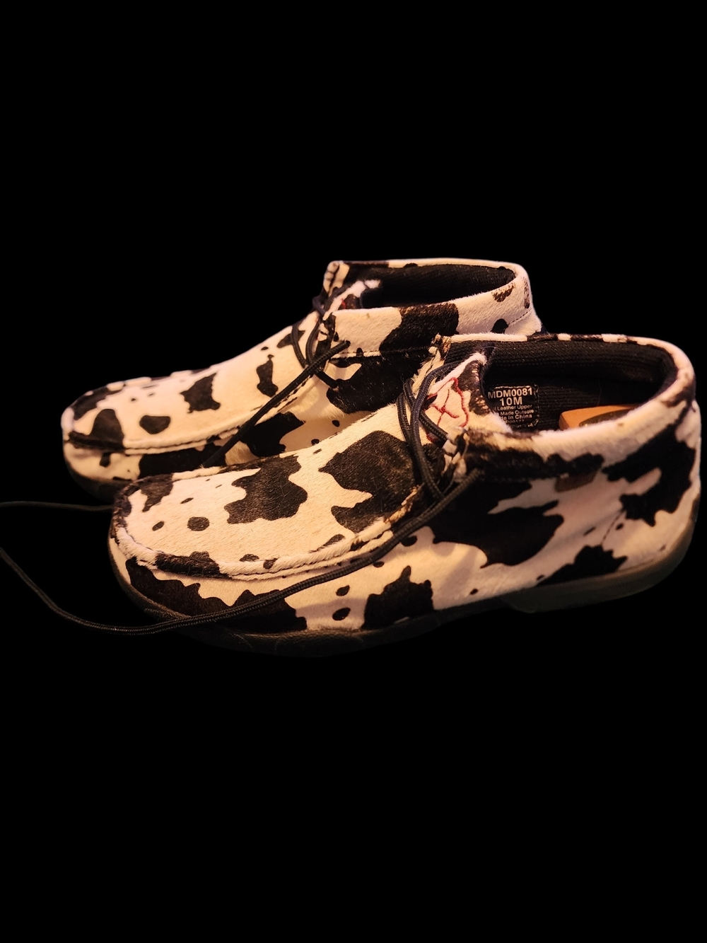 Twisted X "Hair On Hide" Chukka Driving Mocs in a black and white cow print - Picture 2 of 4